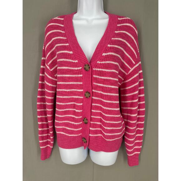 Loft Cardigan Sweater Women Small Pink Striped Oversized V Neck Cozy Casual - Picture 1 of 7